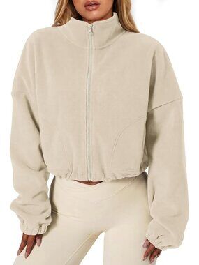 Women's Light Khaki Full ZIP Sherpa Coat Stand Collar Warm Cropped Fleece Jacket